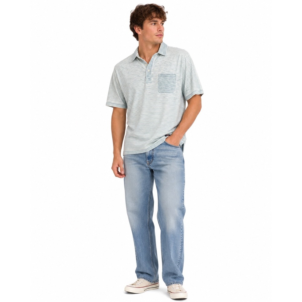 Faherty Polo Shirt Mens L Blue Striped Indigo Dyed Cotton Pocket Short Sleeve